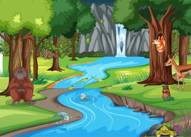 Vahşi hayvanlar, orman sahnesindeki çizgi film karakterleri.