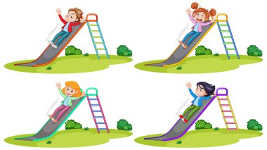 Set of different kids sliding down a slide illustration