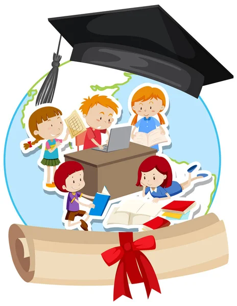 Mortarboard Hat Students Doing Homework Illustration — Stockvector