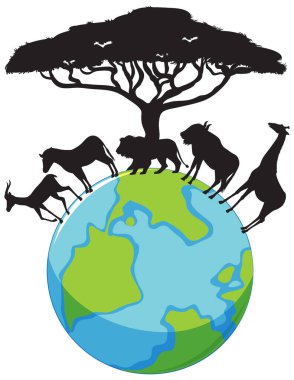 Beyaz arkaplan illüstrasyonunda dünyadaki hayvanlar simgesi