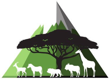 Silhouette wild animals with pyramid mountain  illustration