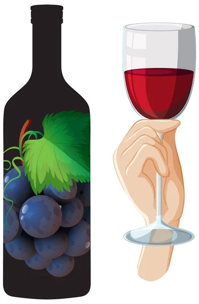 Wine Bottle Hand Holding Wine Glass Illustration — Stok Vektör