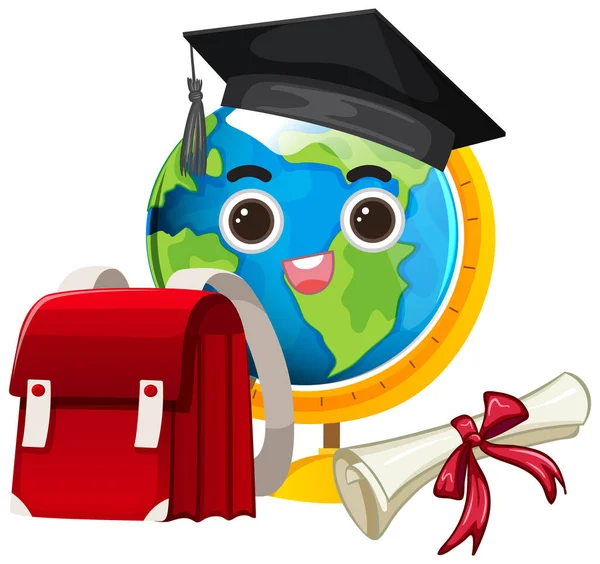 Earth Globe Wearing Graduation Hat Illustration — 스톡 벡터