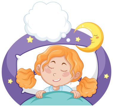 Cut girl sleeping at night illustration