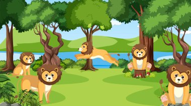 Lions in the jungle scene illustration