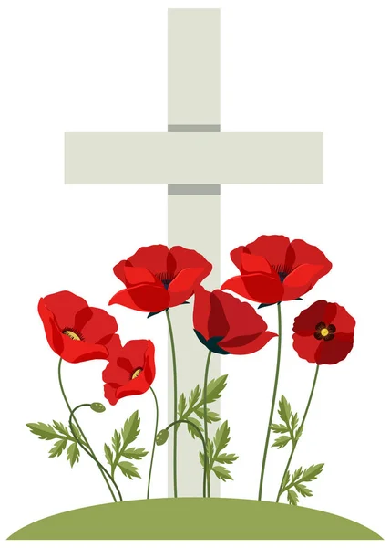 Poppy Flowers Cross Gravestone Remembrance Day Icon Illustration — Vector de stock