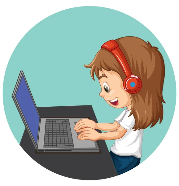 Girl Using Laptop Cartoon Character Illustration —  Vetores de Stock