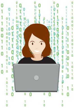 A woman using laptop with binary code illustration