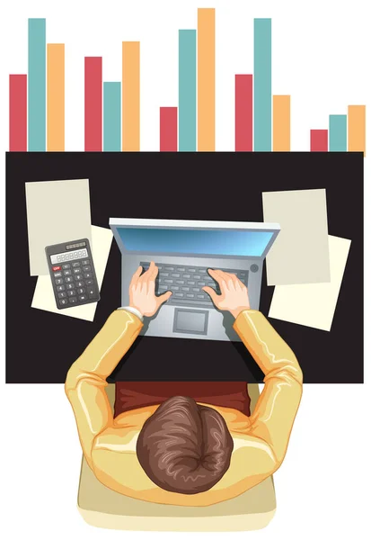 Top View Man Working Computer Illustration — Vetor de Stock