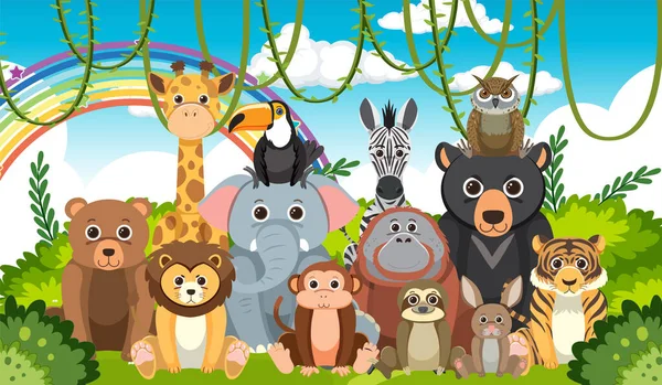 Zoo Zvířata Skupina Plochém Kresleném Stylu Ilustrace — Stockový vektor