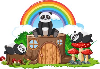 Panda group with stump house illustration