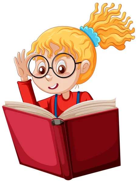 Cartoon Student Girl Reading Book Illustration — Stock vektor