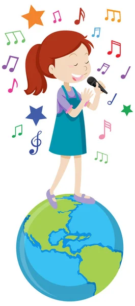 Singer Girl Singing Earth Planet Illustration — ストックベクタ