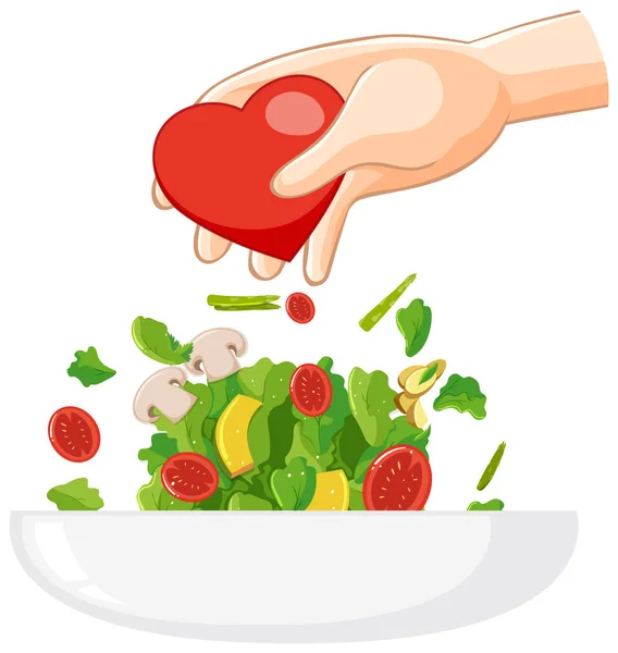 Vegetable Salad Bowl Hand Holding Heart Illustration — Stock vektor