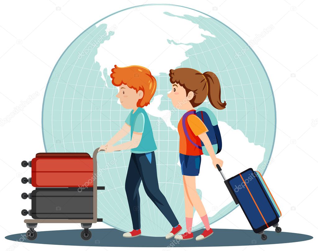 Tourist couple with luggages illustration