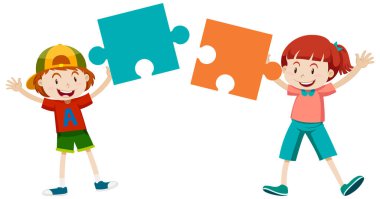 Couple kids holding a piece of jigsaw illustration