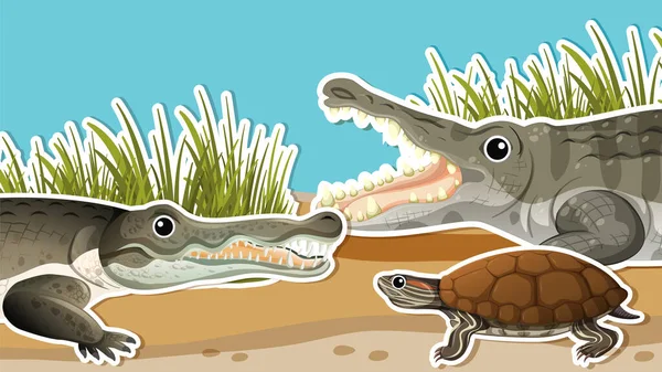 Miniatuur Ontwerp Met Krokodil Schildpad Illustratie — Stockvector