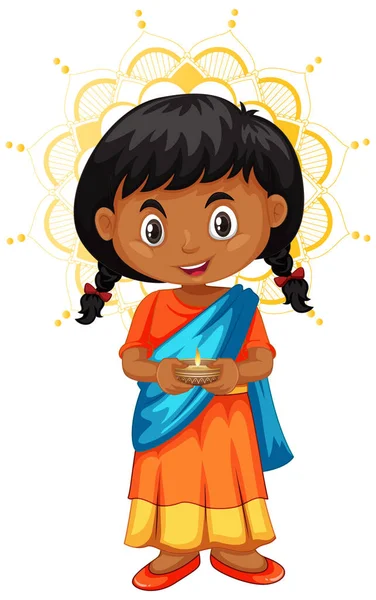 Cute Indian Girl Cartoon Character Illustration — Vetor de Stock