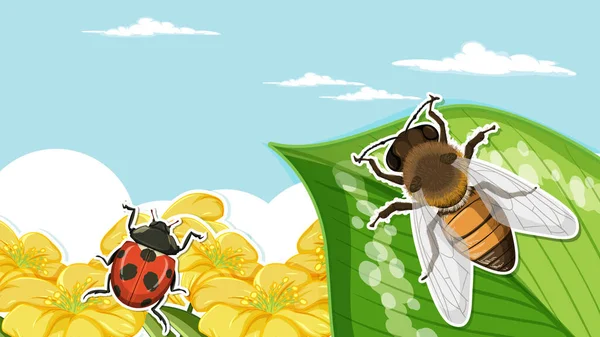 葉に蜂が描かれたツムネイルデザインとテントウムシイラスト — ストックベクタ