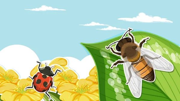 Diseño Miniatura Con Abeja Hoja Mariquita Ilustración — Vector de stock