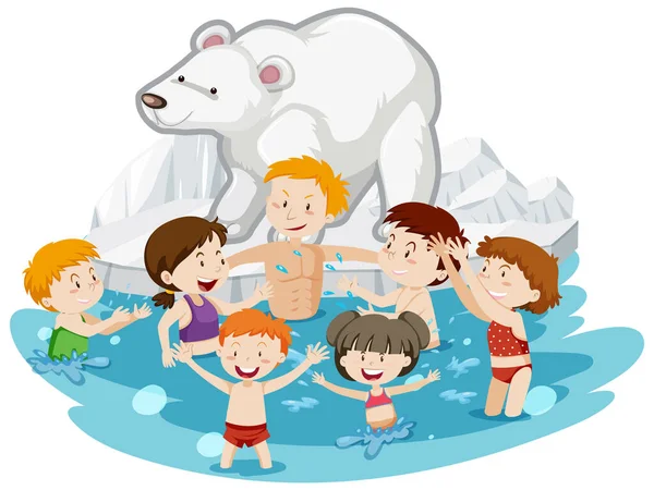 People Swimming Frozen Ice Pond Illustration — ストックベクタ