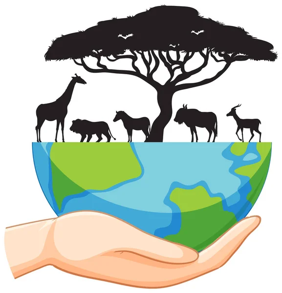Silhouette Wild Animals Half Earth Vector Illustration — Stock Vector