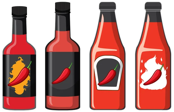 Cztery Różne Butelki Sosu Chili Ilustracja — Wektor stockowy