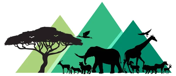 Silhouette Animaux Sauvages Avec Illustration Montagne Verte — Image vectorielle