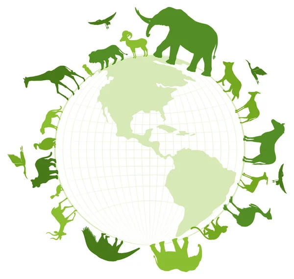 Sziluett Vadon Élő Állatok Körül Föld Bolygó Illusztráció — Stock Vector