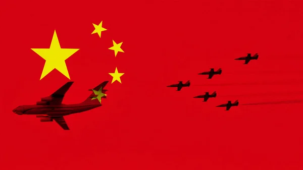 Die Flagge Chinas Mit Dem Bild Eines Militärflugzeugs — Stockfoto