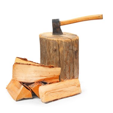 Cut logs fire wood and old axe. clipart