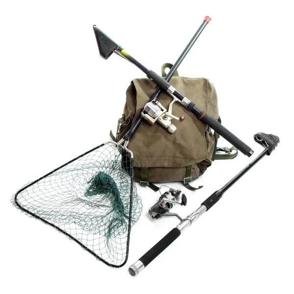 Visserij van staven met rollen en landing net met een rug-pack. — Stockfoto