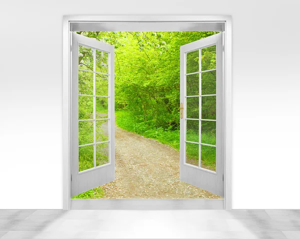 Geöffnete Tür bis zum frühen Morgen im grünen Garten - konzeptionelles Bild - Metapher für das Umweltgeschäft. — Stockfoto