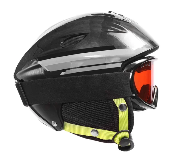 Casco protector con gafas para esquiar, snowboard y otros deportes de invierno sobre fondo blanco . — Foto de Stock