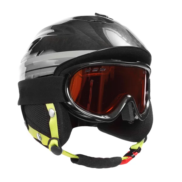 Capacete de proteção com óculos para esqui, snowboard e outros esportes de inverno em um fundo branco . — Fotografia de Stock