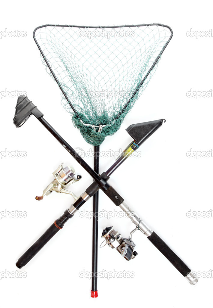 Fishing rods with reels and landing net.