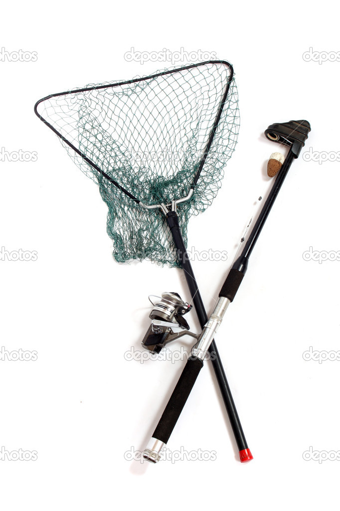 Fishing rod with reels and landing net.