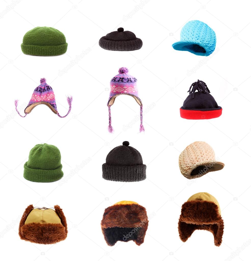 Great collection of warm headwear for winter weather. Fur-caps and homemade woolen knit hats.