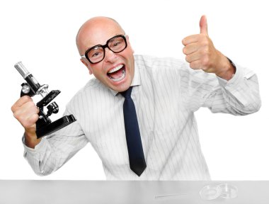 Funny scientist with microscope celebrating his new invention. clipart