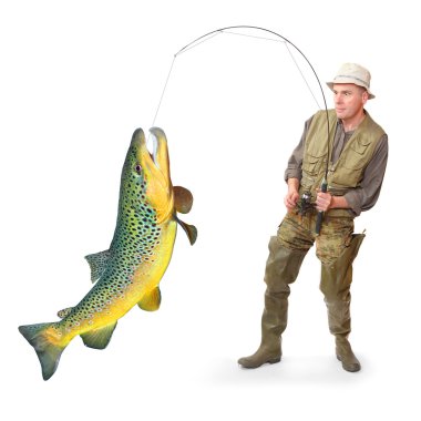 büyük balık (brown trout - salmo trutta) ile balıkçı. başarı kavramı.