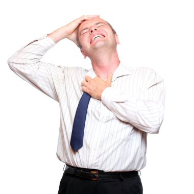 Beyaz arka planda hayal kırıklığına uğramış iş adamı.