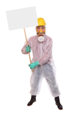 Protester in protective suit for bio-hazard with blank protest sign.
