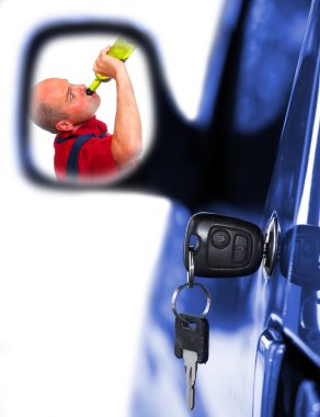 Drunken driver in rear mirror and key at car doors. Insurance metaphor. clipart