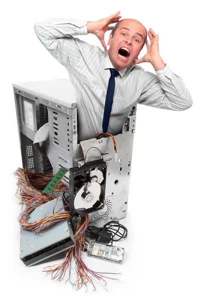 Computer crash and frustrated businessman — Stock Photo, Image
