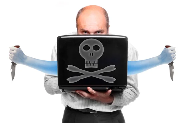 Grappig beeld van een aanvallende hacker met zijn laptop — Stockfoto