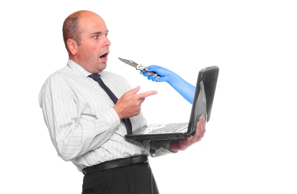 Immagine divertente di un uomo d'affari sorpreso con computer portatile hackerato — Foto Stock