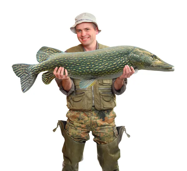 Рыбак с большой рыбой (The Northern Pike - Esox lucius). Концепция успеха . — стоковое фото