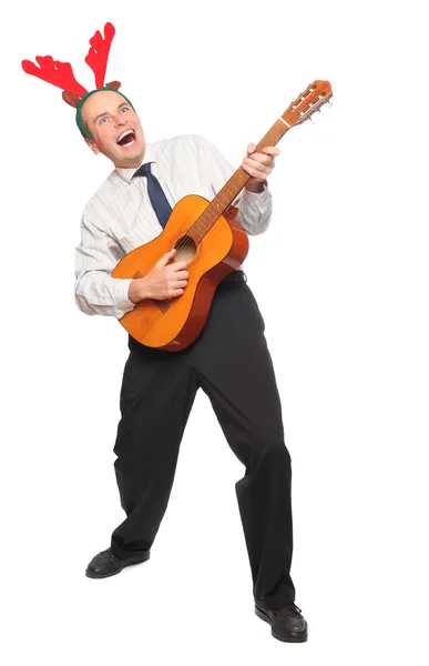 Crazy businessman with guitar singing — Stock Photo, Image