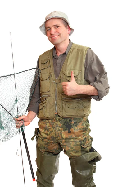 El pescador con caña de pescar y red de desembarque — Foto de Stock