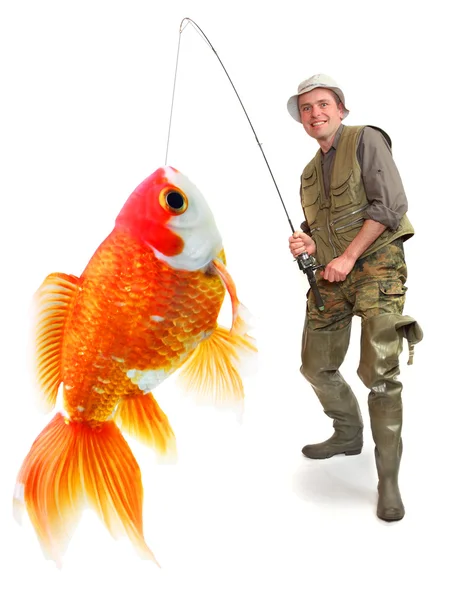 Ο ψαράς με το μεγάλο χρυσόψαρο. επιτυχημένη επιχειρηματική ιδέα. — Φωτογραφία Αρχείου